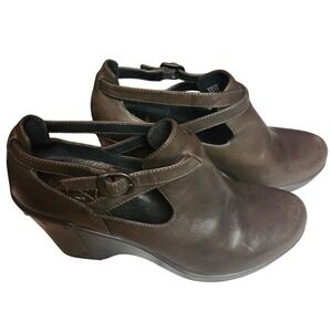 Dansko Franka Brown Leather Cutout Wedge Booties Buckle Studded Ankle Size 40